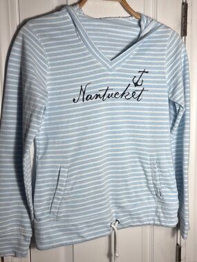 “Nantucket” Blue & White Striped Hooded Sweatshirt - Small - Coastal, Vacation**